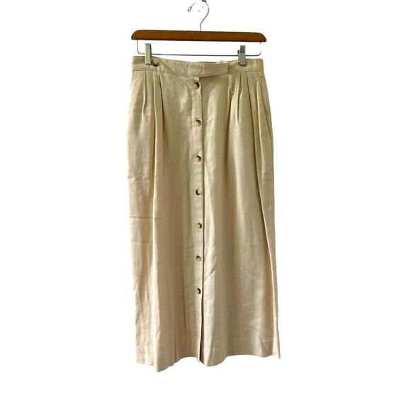 Christian Dior Vintage Pleated Button Wrap Midi Skirt Women's Beige Size 10 - Picture 1 of 7